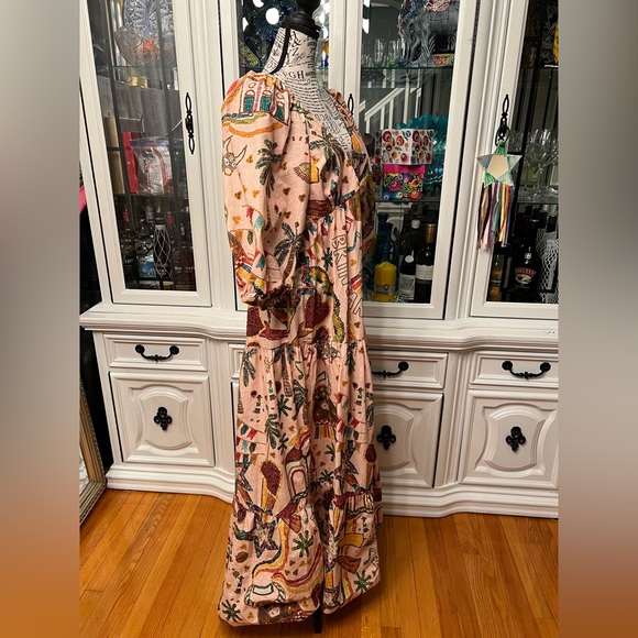 FARM Rio Pink Ruffled Tropical Print Tiered Maxi Dress Balloon Sleeves L - Picture 7 of 13